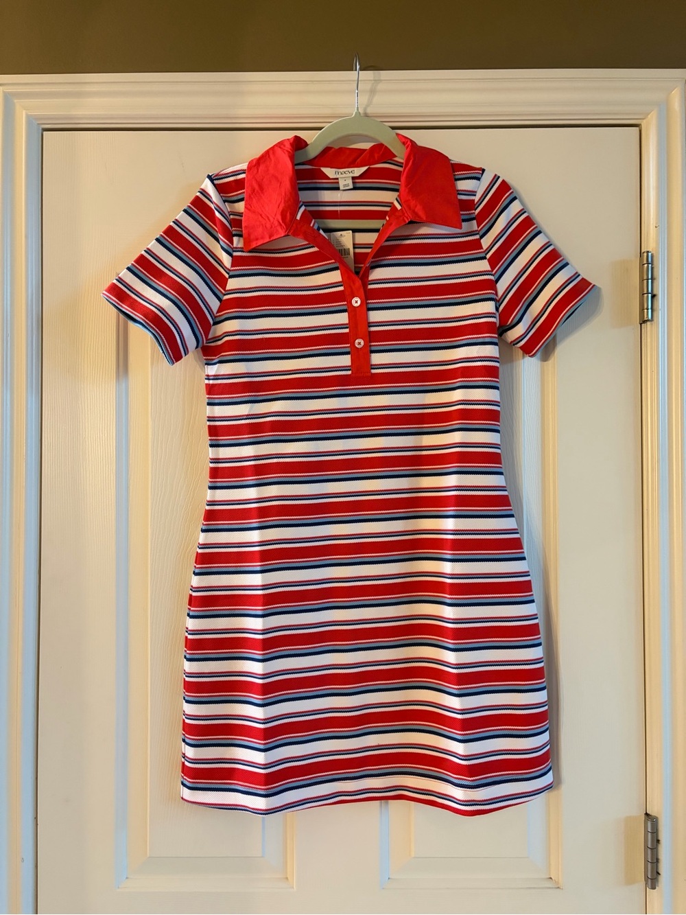 Anthropologie-Maeve Red, White & Navy Striped Polo Dress with Bright Red Collar